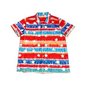 Tie Dye Stars Shirt S/M Button Up Short Sleeve Patriotic 4th Of July